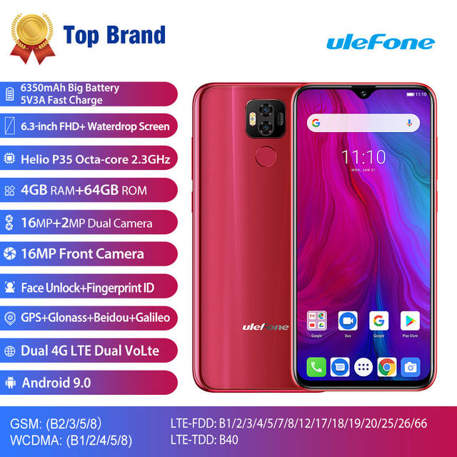 Ulefone power 6 Smartphone Android 9.0 Helio P35 Octa-core 6350mah 6.3″ 4GB 64 GB 16MP face ID NFC 4G LTE Global Mobile Phones