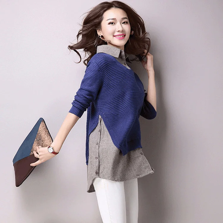2016 New Women tops Fake two-piece shirt turn-down collar sweater slim fashion clothing women sweater Pullovers female 1012-65F