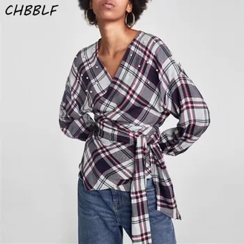 

women fashion beading plaid tops long sleeves V-neck blouse ladies casual belt chic tops blusas S1336