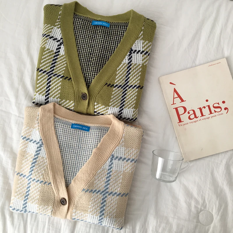 2 цвета, осень, винтажный стиль, клетчатый свитер с v-образным вырезом, Женский плотный вязаный кардиган, Женский(C9101
