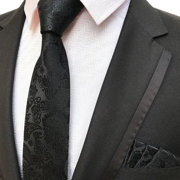 

8cm Men Solid Black Paisley Necktie Set with Woven Pocket Square for Meeting