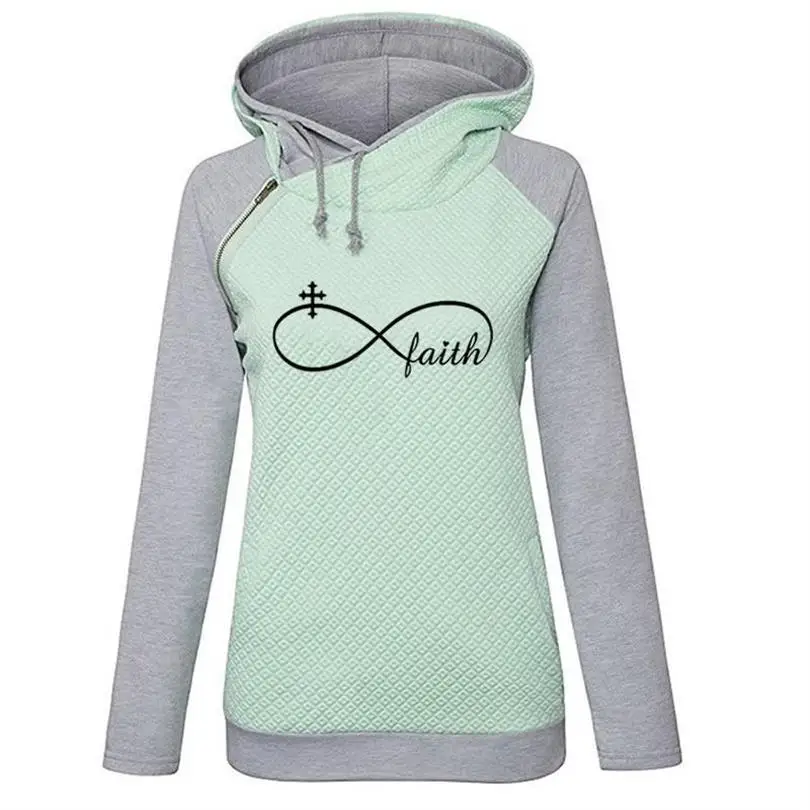 Zipper Decoration Faith Letters Print Hoodies For Women Tops Sweatshirt Femmes Sweatshirts Hoodies Women Pockets Loose Pattern
