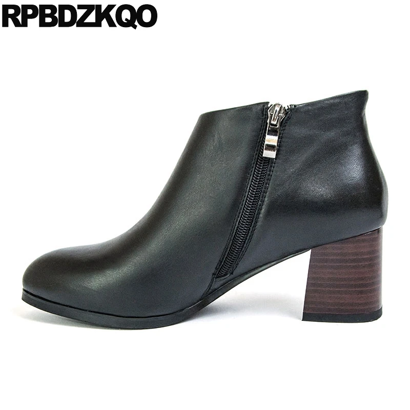 

Autumn Elegant High Heel Women Ankle Boots 2016 Round Toe Short Shoes Fall 2017 Luxury Black Genuine Leather Booties Chunky New