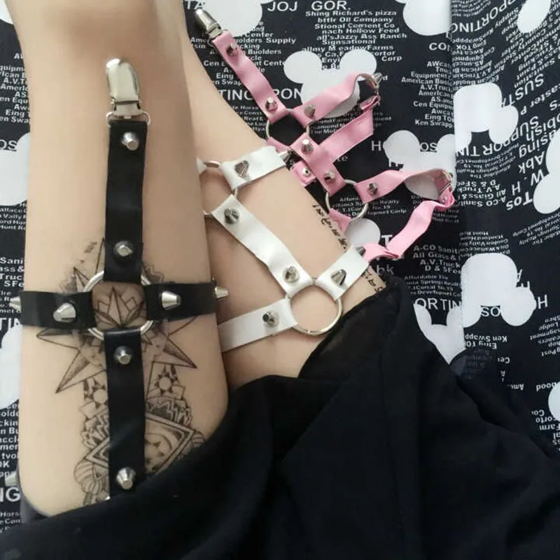 

Women Sexy Rivet Punk Garters Belts Double lines O-rings 2015 Soft Leather Harajuku Leg Belts as a Gifts to Women