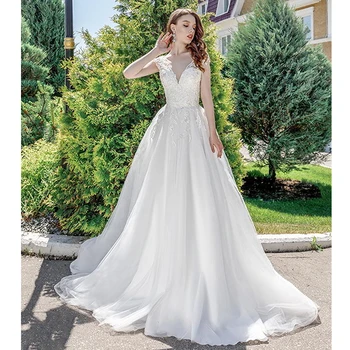 

Verngo Exquiste Lace Applique Wedding Dress 2021 Cap Sleeves A Line Bride Gowns Lace Up Back Elegant Vestido de noiva