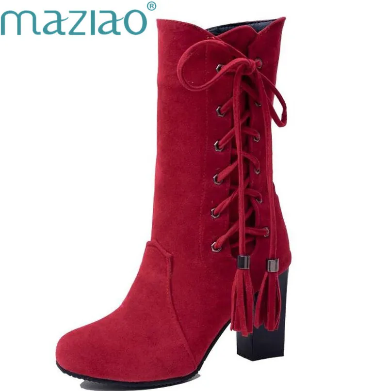 

MAZIAO fashion large size 32-45 High Heel Boots Women Shoes Woman Zip Up Shoelace Winter Boots fringe Footwear Party Bottine