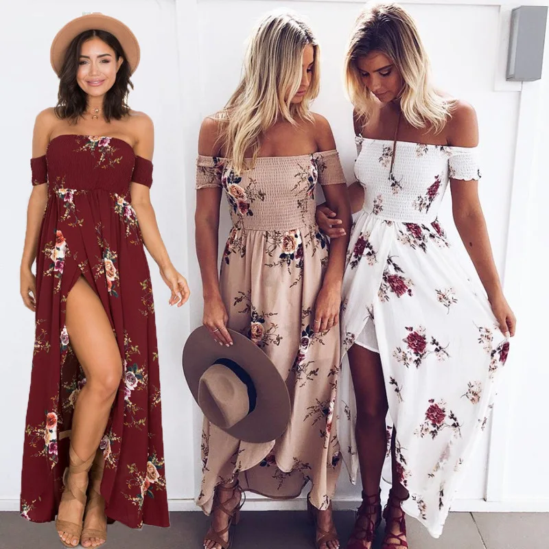 

4XL-5XL New 2019 Summer Fashion Elastic Print Beach Dress Women Slash Neck Sexy Asymmetrical Dresses Vestidos Plus Size Dress