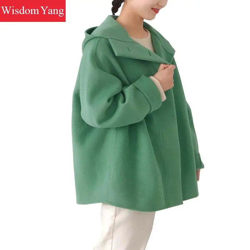 

Winter Warm Gray Plaid Wool Coat Trench Hooded Sheep Woollen Coats Womens Green Oversize Loose Ladies Woolen Overcoat Outerwear