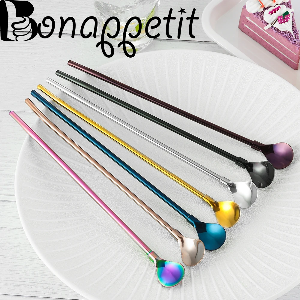 

1PC New 2 in 1 Stainless Steel Drinking Straw Coffee Spoon Bent Filter Reusable Metal Bar Tea Party Bent Filter Straw Spoon