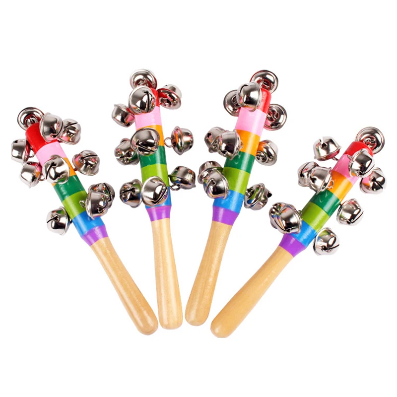 New 1ps Wooden Stick 10 Jingle Bells Rainbow Hand Shake Bell Musical Rattles Baby Kid