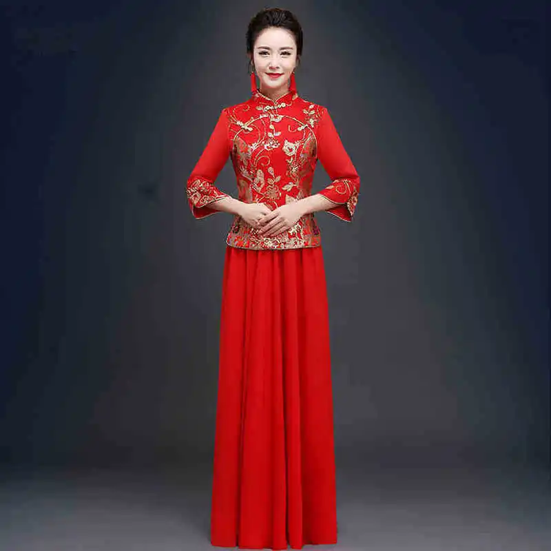 Traditional Party Dresses Bride Cheongsam New Long Style Dragon Phoenix