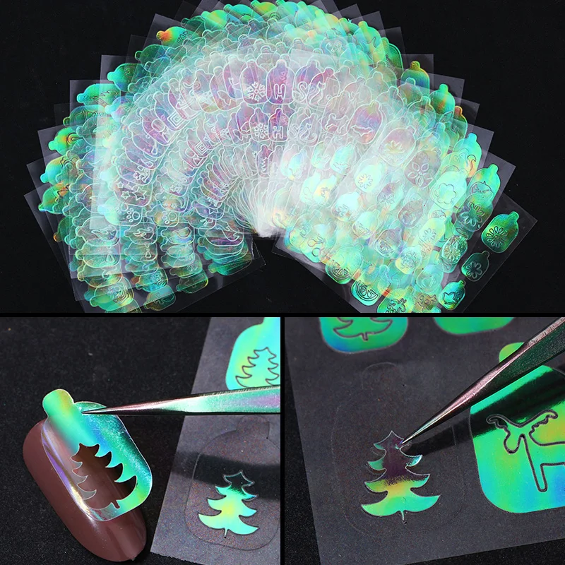 AB Color Nail Vinyls Christmas Unicorn Nail Art Hollow 3D Adhesive Sticker Random Patterns 6 12