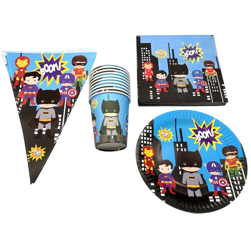 

40PCS/LOT Baby Shower Superman Banner Birthday Party Captain America Plates Cups Iron Man Flags Decoration Batman Theme Napkins