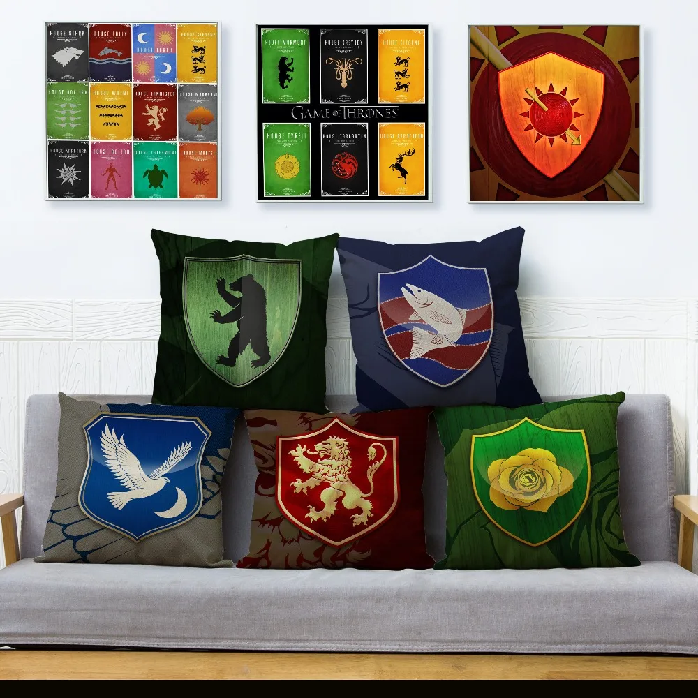 

Cartoon 45*45 Square Cushion Cover Game of Thrones Logo Print Pillow Covers Beige Linen Pillows Cases Sofa Home Decor Pillowcase