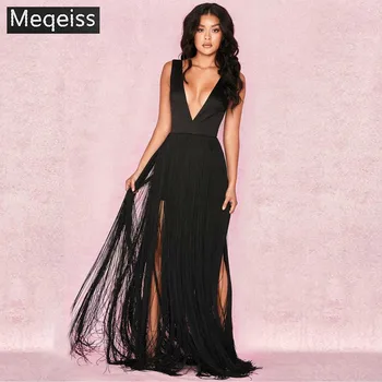 

MEQEISS 2018 New Top Quality Black V-neck Tassel Long Rayon Bandage Dress sexy Cocktail Party Bodycon Long Dress