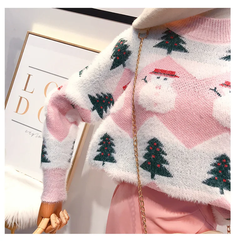 Женский Рождественский свитер, мохеровые пуловеры, топы, женские качественные свитера и пуловеры с рисунком, осенняя одежда розового и синего цвета