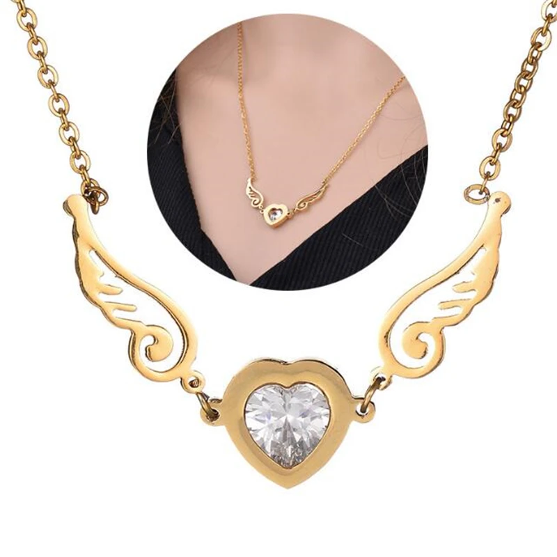 Women Angel Wings Pendant Necklace Gold Heart Jewelry Gifts Heart Shape