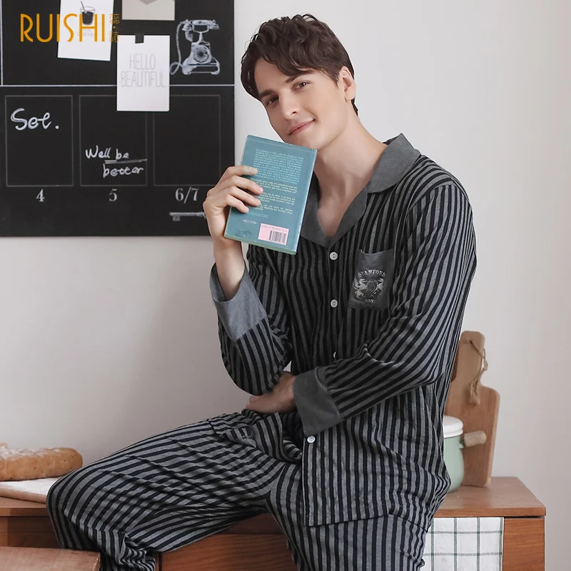 

Brand Pajama Set Male Modal Sleepwear Classy Home Clothing Stripe Long Sleeves Winter Cardigan Top Quality Brand Pyjamas suit