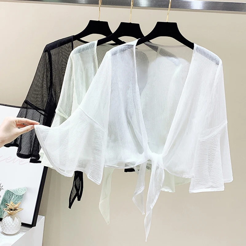 

2019 real shot chiffon high quality summer perspective solid color shirt commute Korean girl black apricot and white