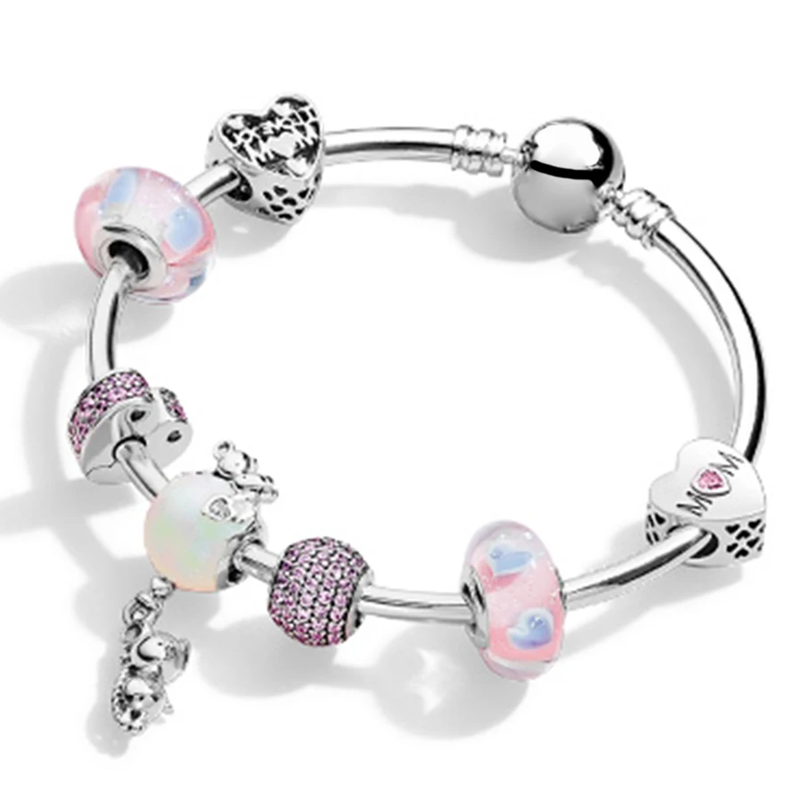 

NEW 100% 925 Sterling Silver Brand New 1:1 Genuine Charm Heart-Shaped Pink Bracelet Set For Mother's Day Gift