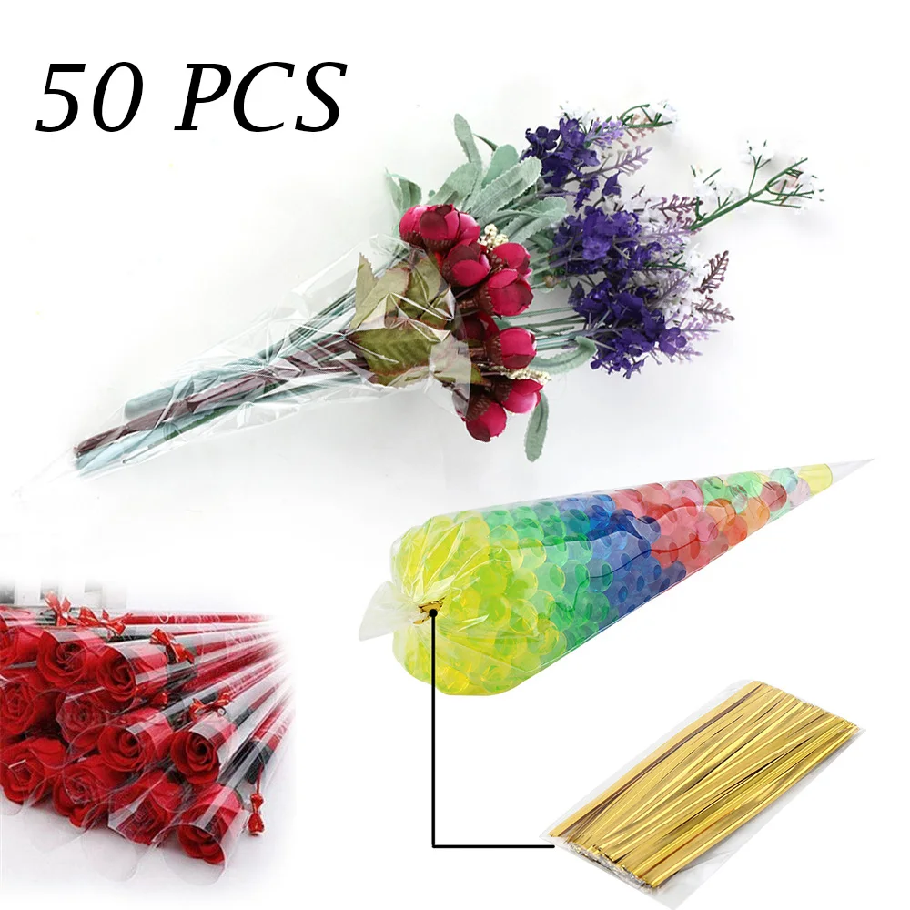 

50PCS/Lot DIY Wedding Birthday Party Sweet Cellophane Clear Candy Cone Christmas Gifts Storage Bags Cheap Pouches Decoration