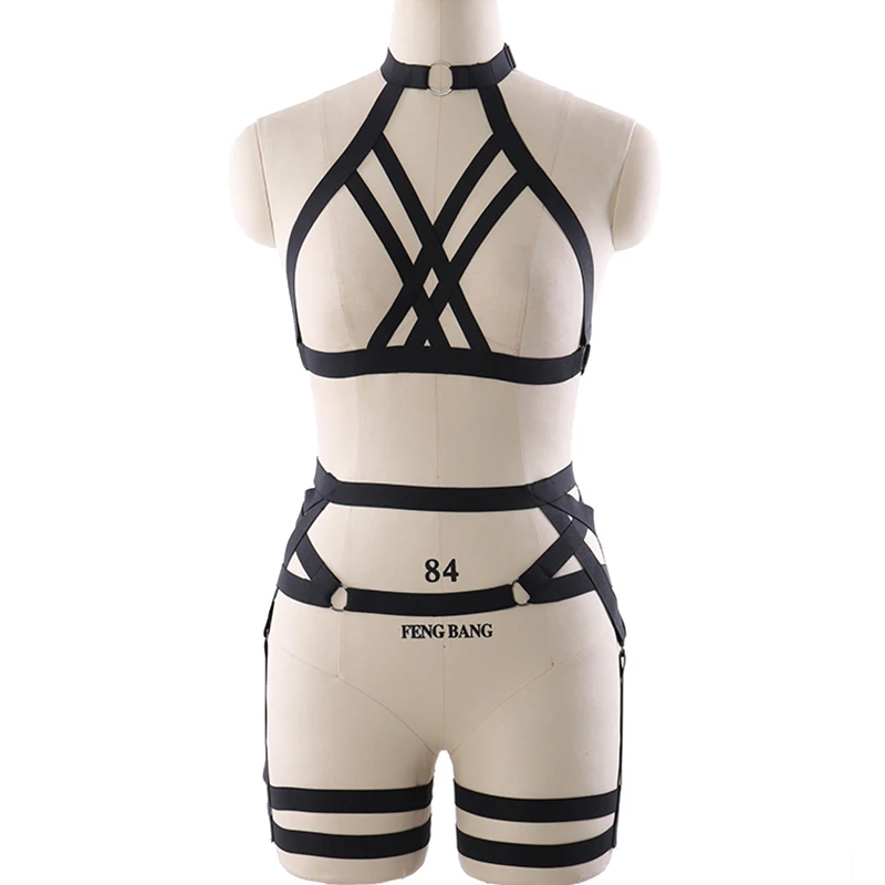 

Sexy Lingerie Body Harness Set Pole Dance Top Cage Bra Pastel Goth Leg Pentagram Garter Belt Rave Fetish Bondage Harness