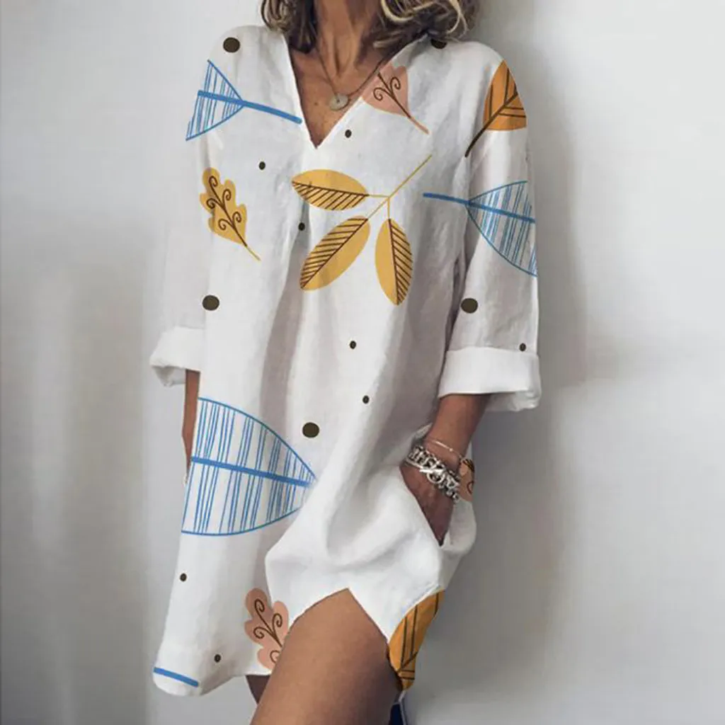 

Women's Summer Casual Leaf Print Three Quarter Sleeve V-Neck Casual Summer Dress Mini Dress Vestidos De Verano Sukienka 50