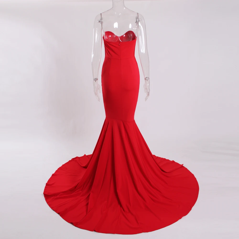 Сексуальное без бретелек макси-платье с разрезом спереди длинное в пол платье русалки красное с открытой спиной без рукавов вечернее платье
