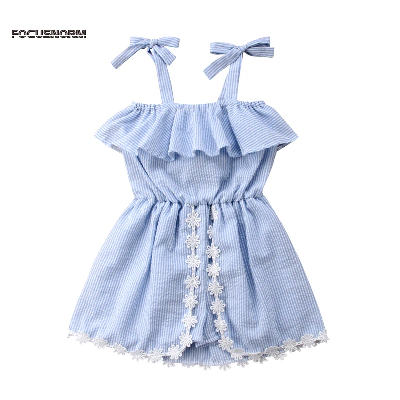 1-6Y Toddler Baby Girls Summer Sweet Princess Dress Off Shoulder Belt Lace Floral Ruffles Blue Striped A-Line Knee-Length | Детская
