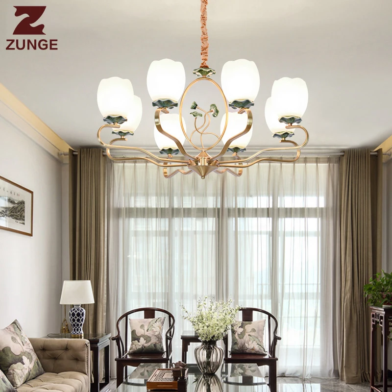 Modern Chinese style LED Chandelier Lights E313 in the Living Room large copper ceramic glass lighting fixtures lampadari | Освещение