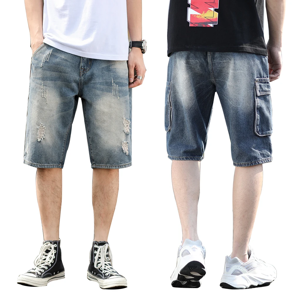Длина до колена рваные джинсы бермуды брюки короткие мужские джинсовые штаны с боковыми бедренными карманами повседневные царапины с дырками джинсы