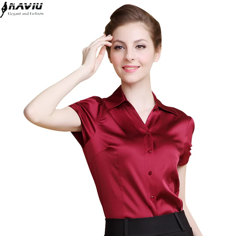Fashion high end women short sleeve shirt silk solid color loose