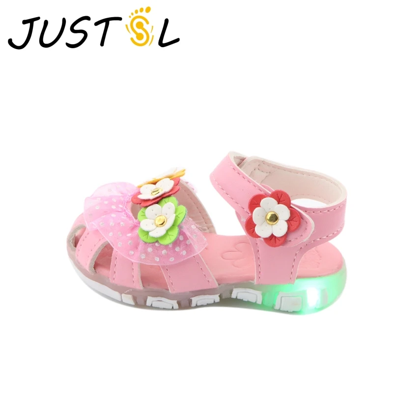 

JUSTSL 2017 summer new girls glowing shiny flowers princess shoes children's sandals girls LED lovely casual sandals size21-25