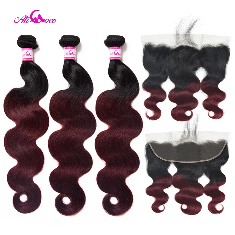

Ali Coco Body Wave 2/3 Bundles With Ear To Ear Lace Frontal 1B/99J Brazilian Hair Bundles With Lace Frontal Remy Hair Extensions