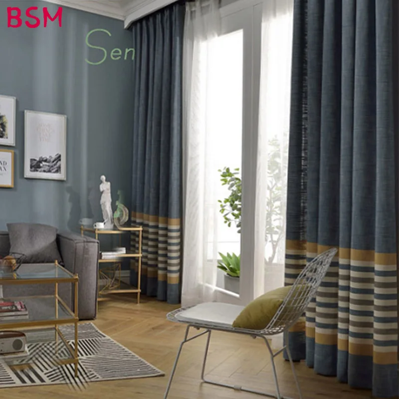 

Strip Cotton Modern Style Curtains for Living Room Window Curtains Blinds Blackout Curtains for the Bedroom Blue AWB0356