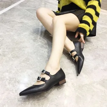 

New arrival 2019 spring and summer buckle strap women shoes pointed toe genuine leather crystal low causal shoes