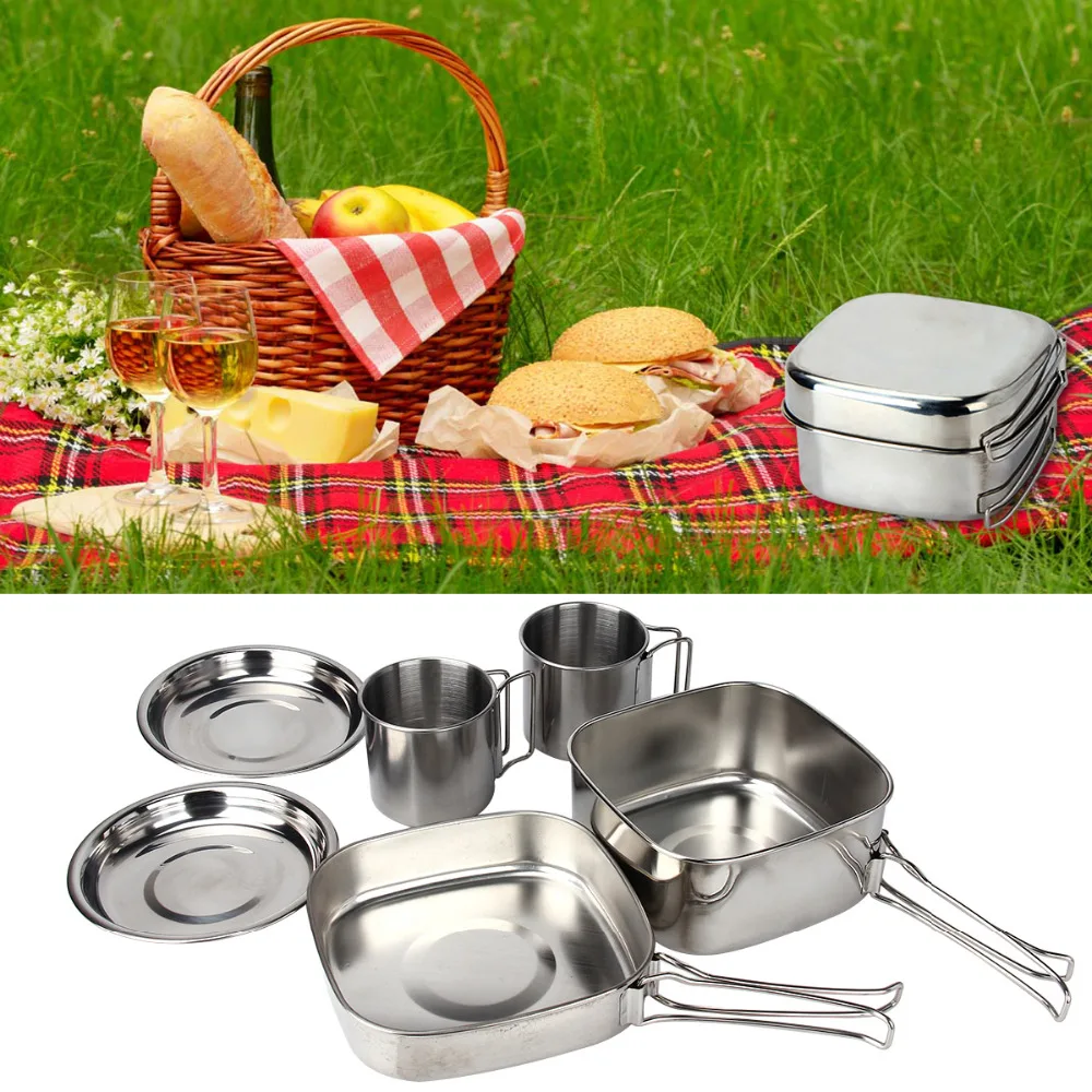 

Camping Mini Cookware Stainless Steel Cooking Tool Set Picnic Cooking Equipment 6 Pieces for Hiking Outdoors for 3-4 people
