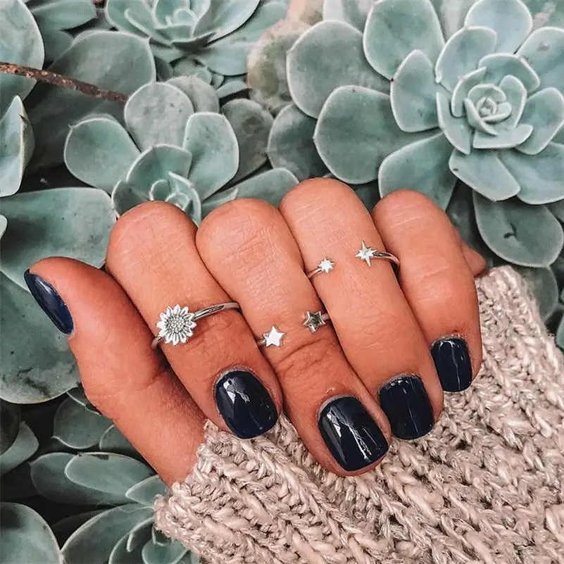 

3 Pcs/ Set Bohemian Pentagram Star Light Flower Silver Adjustable Opening Ring Set Female Personality Party Birthday Gift