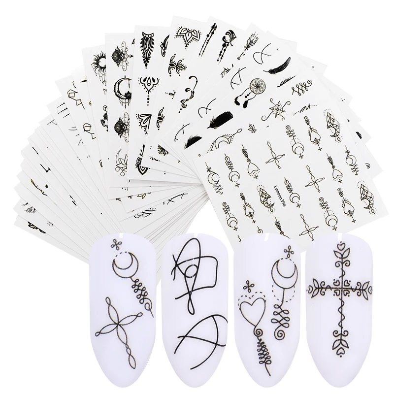 

LEMOOC 25 Sheets Nail Art Water Decals White Black Transfer Line Stickers Flower Necklace Tree Mixed Patterns Nail Decors