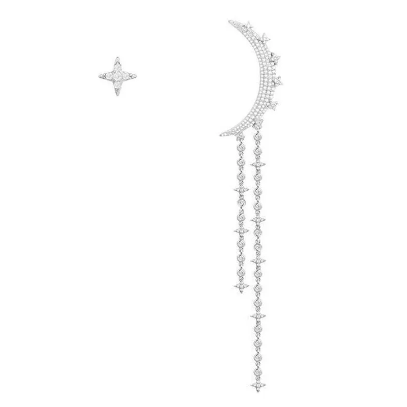 

SLJELY Asymmetric 925 Sterling Silver Cubic Zirconia Star Moon AB Earrings with Long Tassel CZ Monaco Women Luxury Brand Jewelry