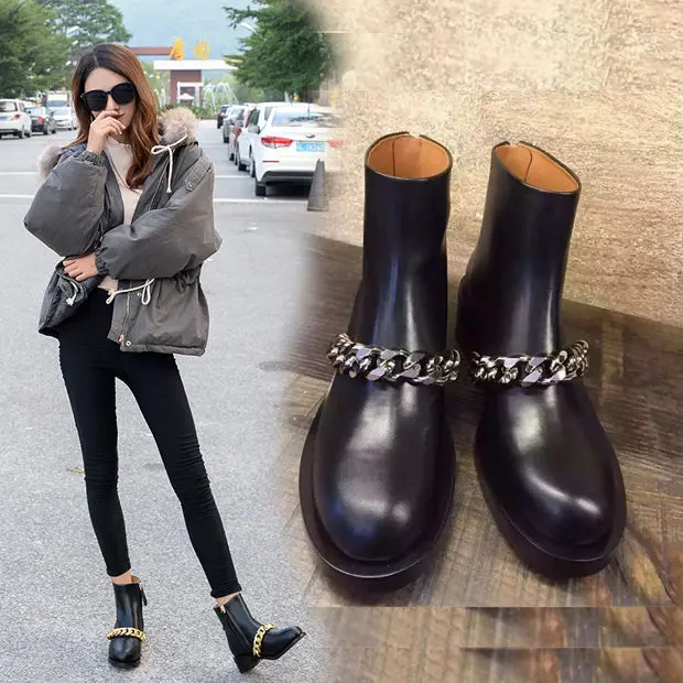 

US14 16 Women Cow Leather Round Toe Ankle Boots Golden Silver Chain Oxfords Shoe A12