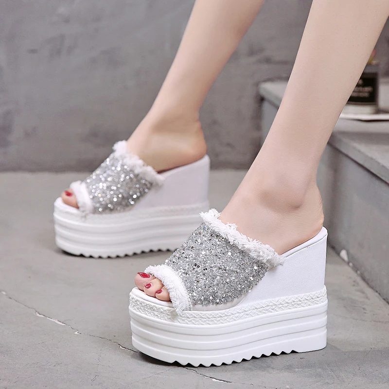 

HOT Platform Slippers Women Shoes Sequined Slides Fish Mouth Sandals Wedges High Heels 13CM Sandals Peep Toe Slipper Woman Shoes
