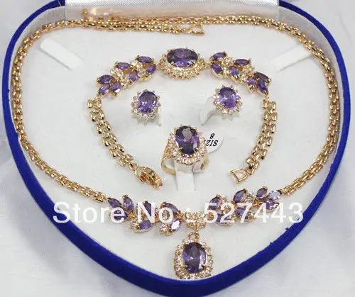 Wholesale free shipping >>Bridal Fashion Jewellery Women's Set Amethyst Necklace Earring Ring Bracelet