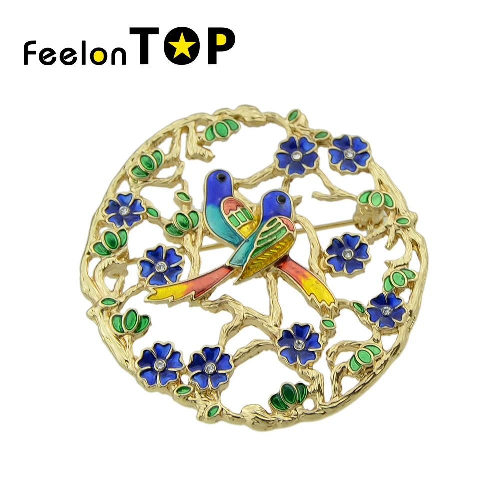 Feelontop ювелирных изделий Цвет Брош с ful эмаль птица на ветках Цветок Трава круглый