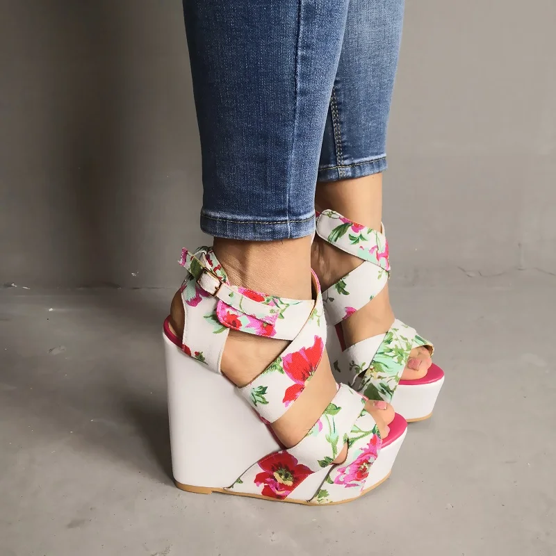 

Original Intention Fashion Women Sandals Platform Wedges Heels Open Toe Multicolors Floral Shoes Woman Plus Size 4-15