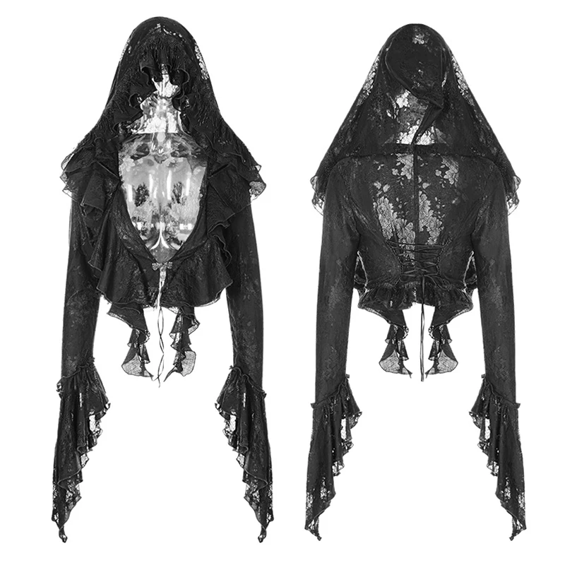 

PUNK RAVE Gothic Lolita Black Women Jacket Coat Steapunk Vintage Hooded Lace Mesh Ruffle Mystery Witch Short Outerwer Coat