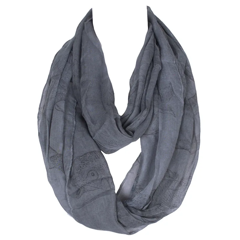 

2019 Fashion Winter Warm Thin Polyester Infinity Scarf For Women Dark Gray Fish Print Small Soft Ring Loop Scarves 180*60 cm