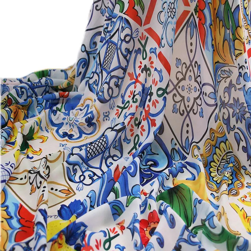 

summer thin 100D chiffon fabric,sicilian majolica print soft chiffon tissu cloth,chiffon for women long beach dress DIY sewing
