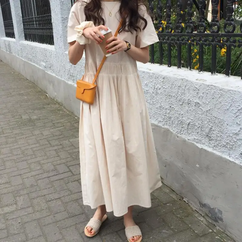 

Dress Women Vintage short Sleeve O Neck Elastic Waist Casual Pleated Long Winter Dress Elbise Plus Size Vestidos Mujer 2018