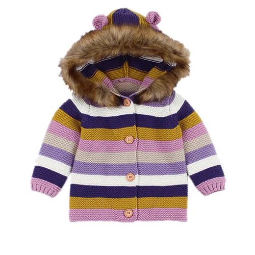 Winter Warm Newborn Baby coat Fur Hood Detachable Grey Infant Boys Girl Knitted Cardigan Fall Outwear Children Knitwear sweater - Цвет: purple striped